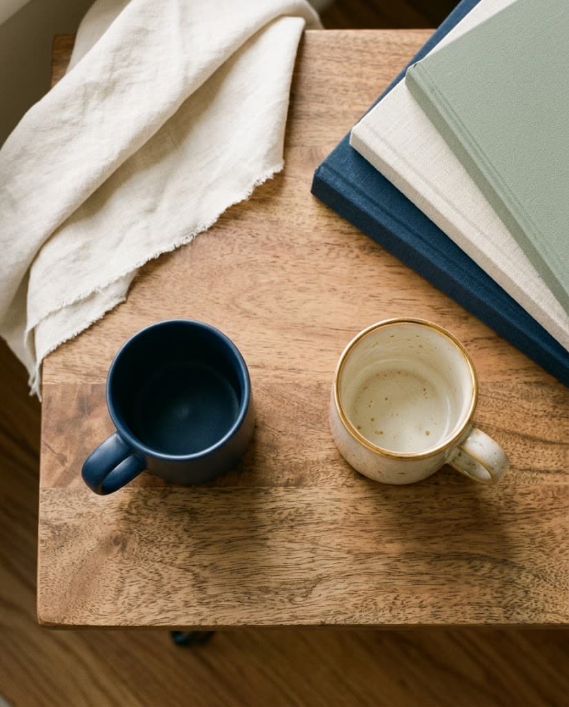 Overhead view of a navy mug and a cream mug set apart on a wooden table, beside a stack of linen-bound journals and a folded cloth.