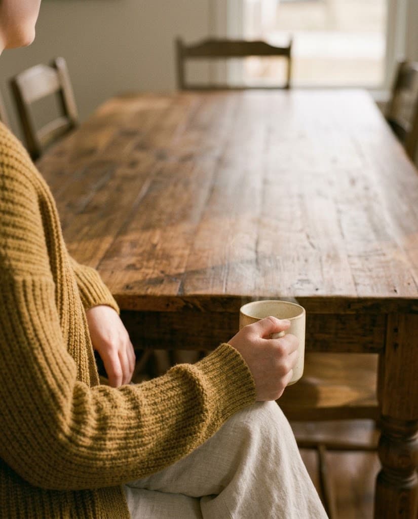 A person in a mustard knit sweater sits at a worn wooden dining table holding a mug, with two empty chairs on the far side.