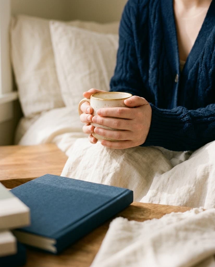 A person in a navy cable-knit sweater holds a ceramic mug with both hands, a closed journal on the wooden table in front of them.