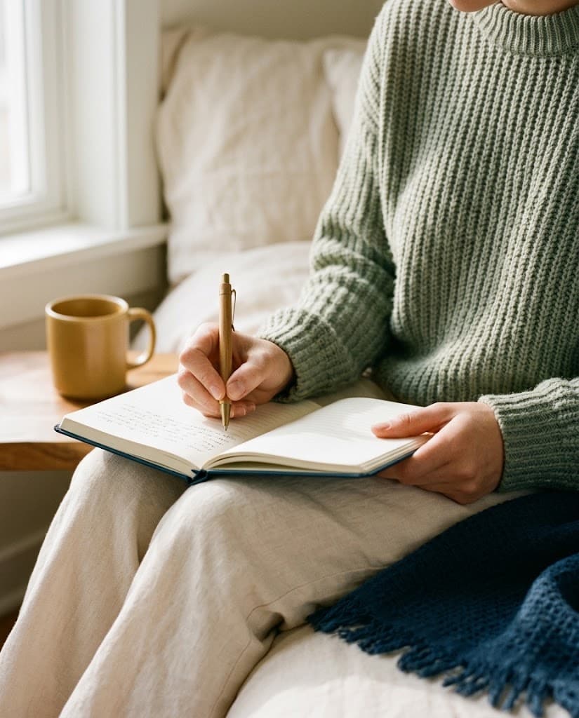A person in a sage-green knit sweater sits by a window writing in a journal, with a warm cup of tea on the side table beside them.