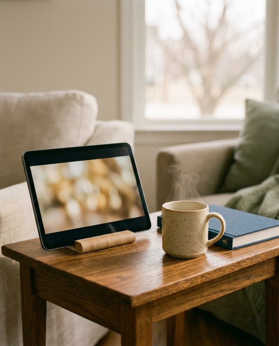 A tablet propped on a wooden side table shows a softly blurred paused video, beside a steaming speckled ceramic mug and a navy hardcover book.